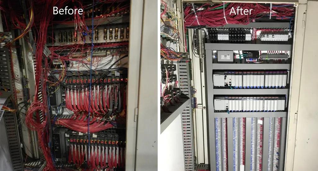 Before and after of a control panel: chaotic legacy wiring modernized to an organized PLC rack with clean wire management