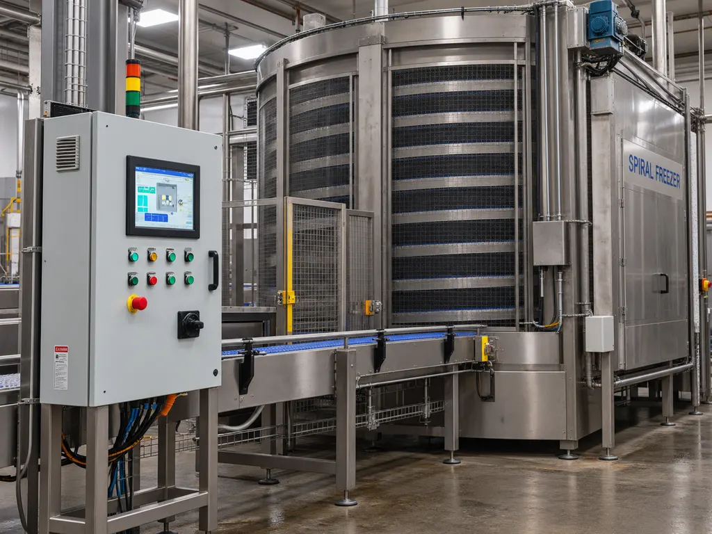 An industrial stainless-steel spiral freezer with an adjacent control cabinet and operator interface on a food plant floor