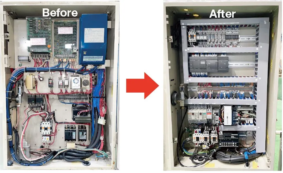Before and after of a control panel: aging board-level controls modernized to a PLC with organized wiring